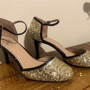 Shimmering Gold Sequin Heels with Black Trim